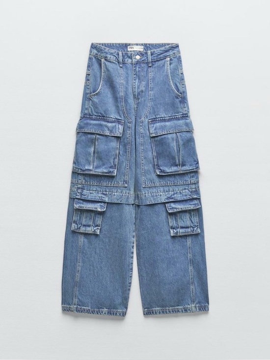 Zara Denim - Zara High Waisted Blue Cargo Denim Jeans